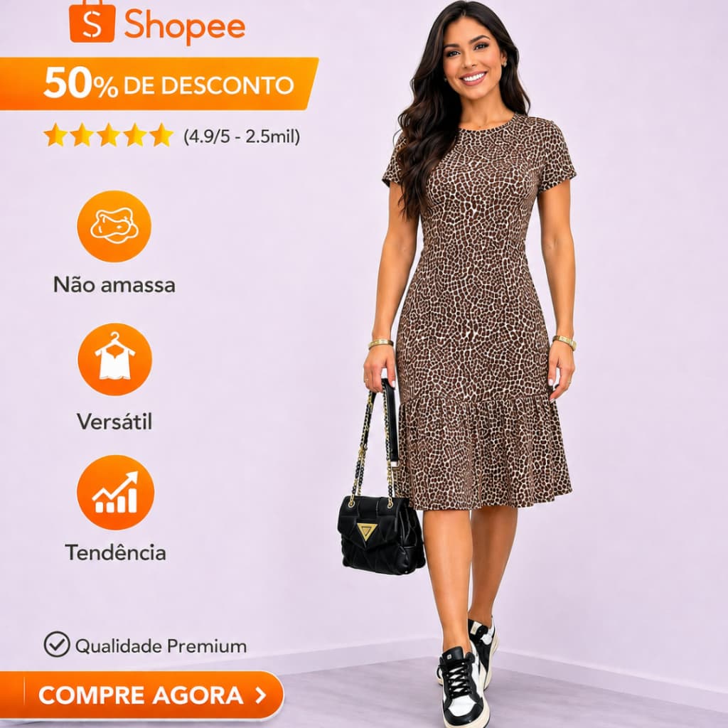 VESTIDO FEMININO ESTAMPADO MIDI MODELAGEM SOLTINHA COM MANGA CURTA