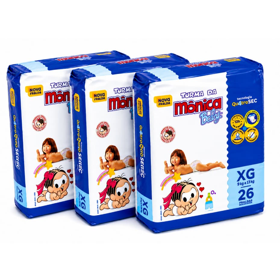 Kit com 3 Pacotes Fralda Descartavel Turma da Mônica Baby QuatroSec XG 26 Fraldas por Pacote