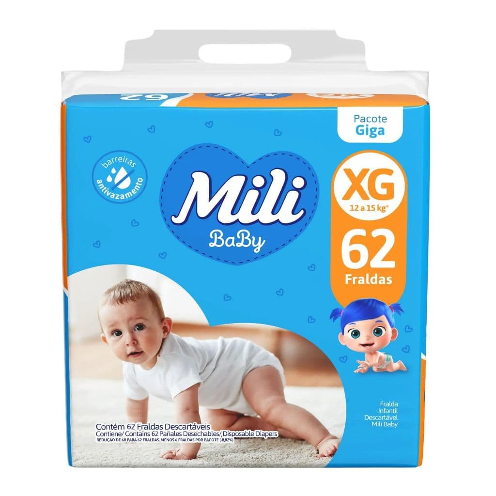 Fralda Descartável Infantil Bebê Mili Baby Giga Tamanho XG Com 62 Fraldas