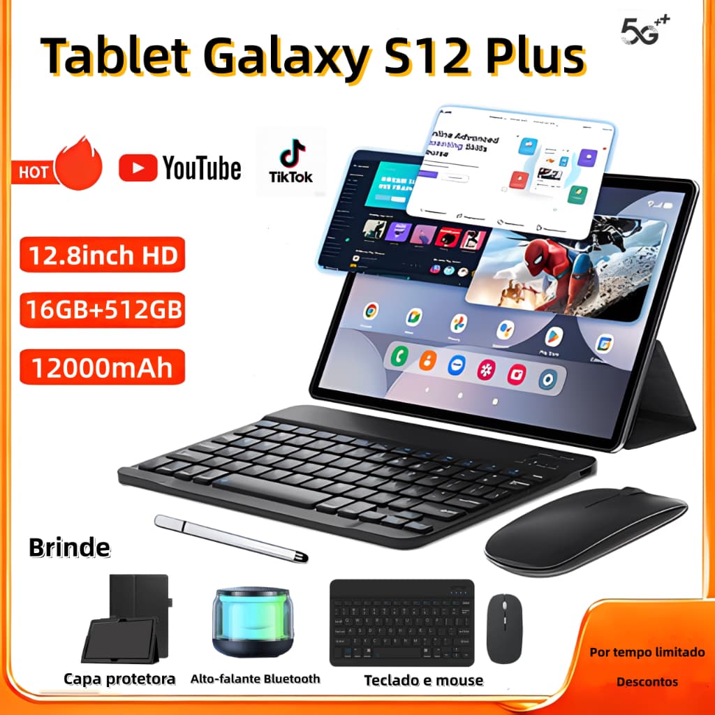 【Teclado e mouse gratuitos】 Tablet Galaxy S12 Plus de 12,8 polegadas 16 GB + 512 GB, 12000 mAh, Android 5G