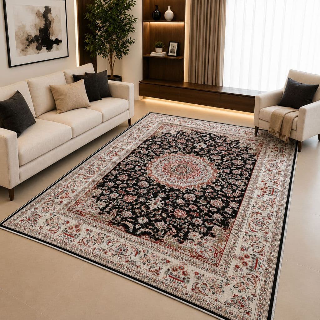 Tapete Moderno Indiano 3x2 p/ Decorar Sala de Estar Grande Antiderrapante