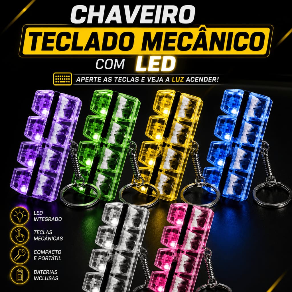 Chaveiro Teclado Mecanico LED Gamer Mini SWITCH RGB Clique Tatil Para Mochila E Chaves