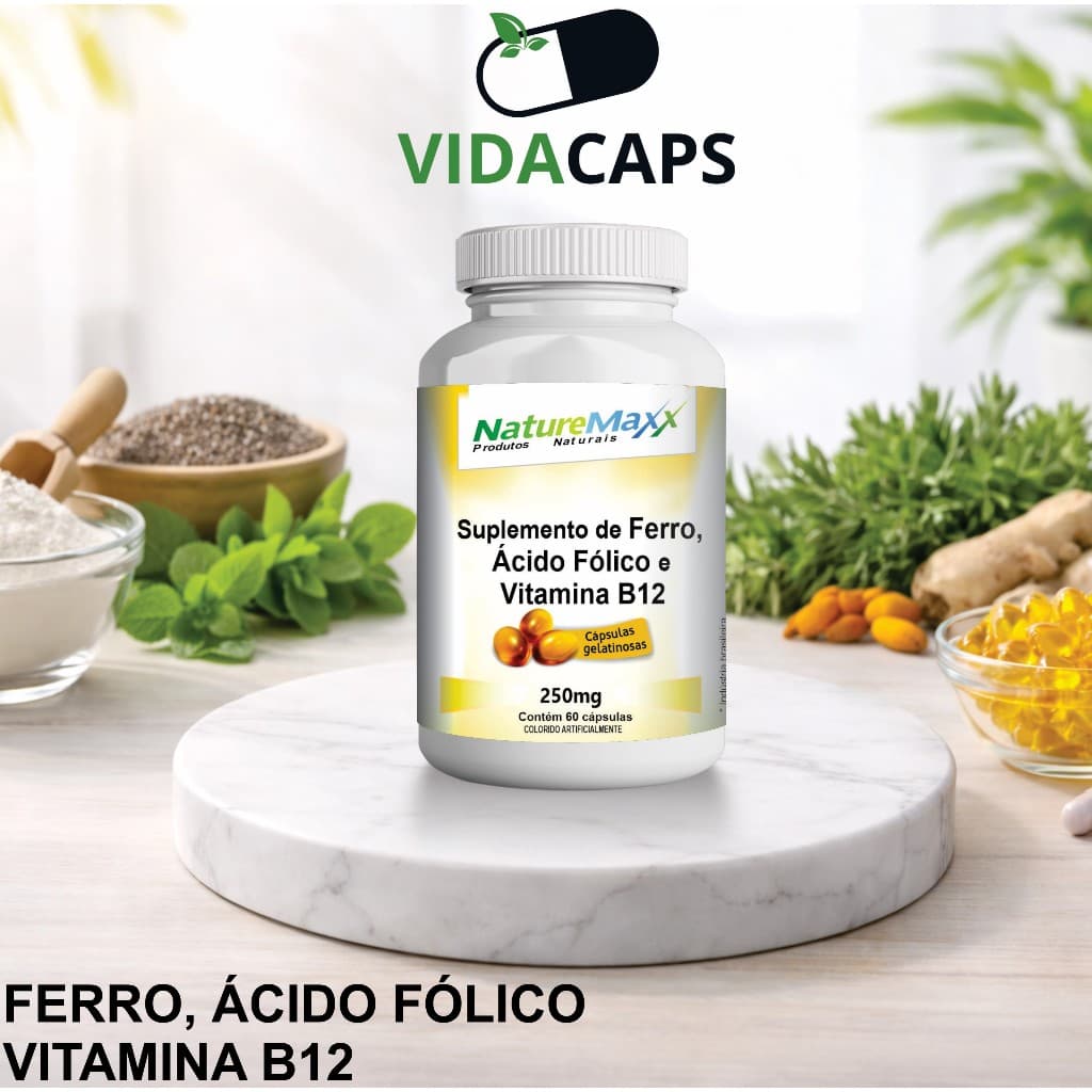 Ferro Ácido Fólico Vitamina B12 Cobalamina ÓleoNutri Softgel 250mg 60 Cápsulas - Suplemento Alimentar Vidacaps