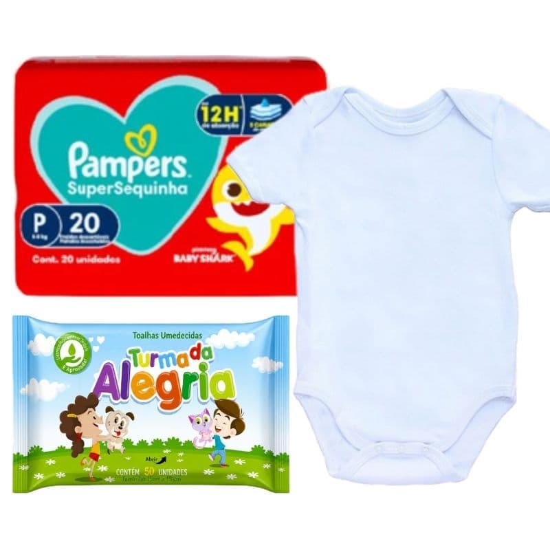 Kit chá de bebê Presente Fralda Pampers + Toalha umedecida + Body branco