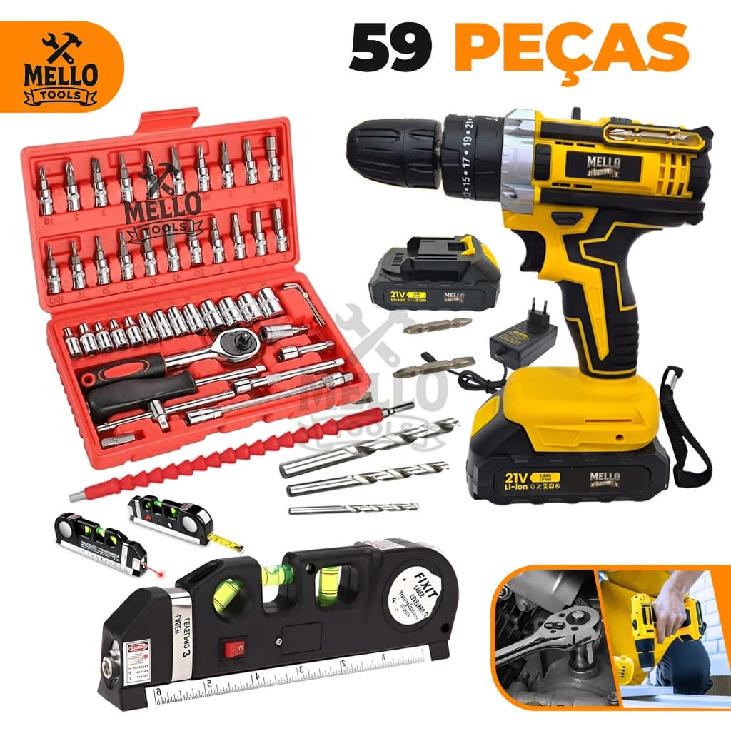 Parafusadeira Furadeira Sem Fio 48V + Kit Jogo Soquete + Nivel a Laser + Trena, Kit Ferramentas Completo Bivolt