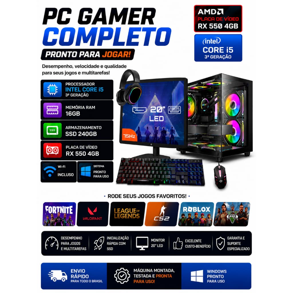 Pc Gamer Completo Aquario Intel I5 3ª 16gb Rx 550 4gb Ssd 240gb - Monitor 20'' wifi