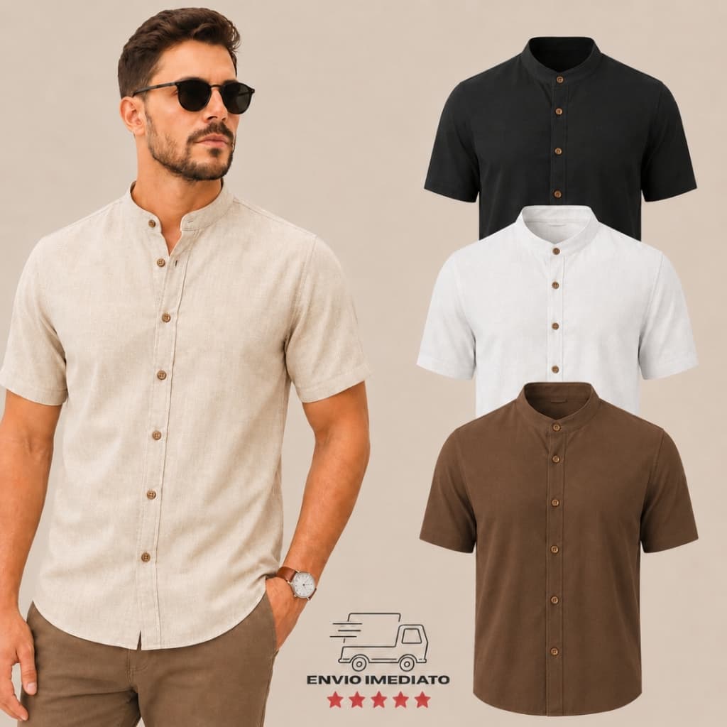 Camisa Masculina Social Gola Padre Linho Rustico Slim Casual Elegante