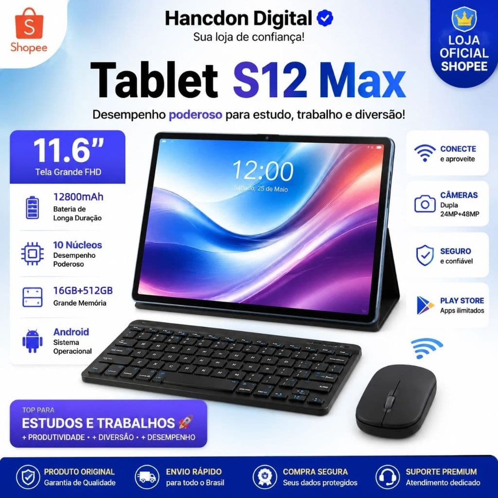 [Free Keyboard and mouse ] Tablet S12Max 16GB+512GB 11.6-inch HD Dual SIM Dual Core 12800mAh Android15 5G