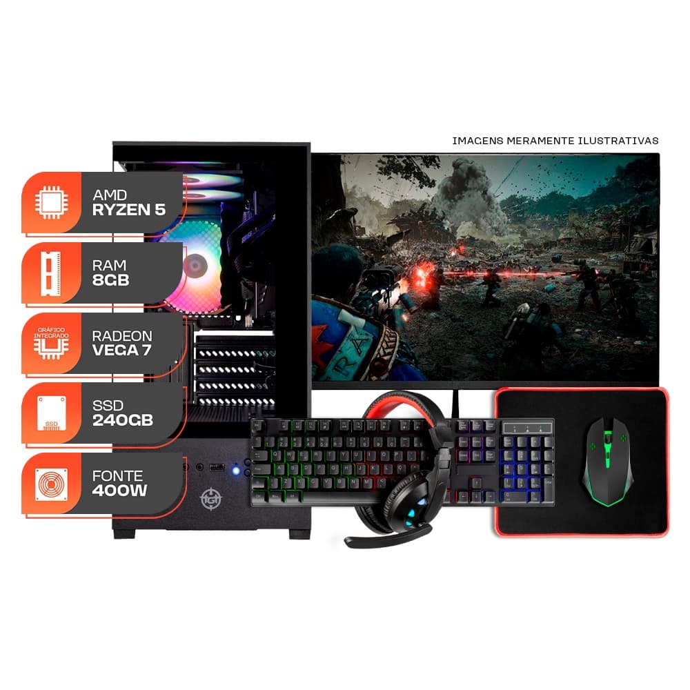 PC Gamer Forge, AMD RYZEN 5 5600GT, 8GB DDR4, SSD 240GB, Completo com Monitor 21 e Periféricos