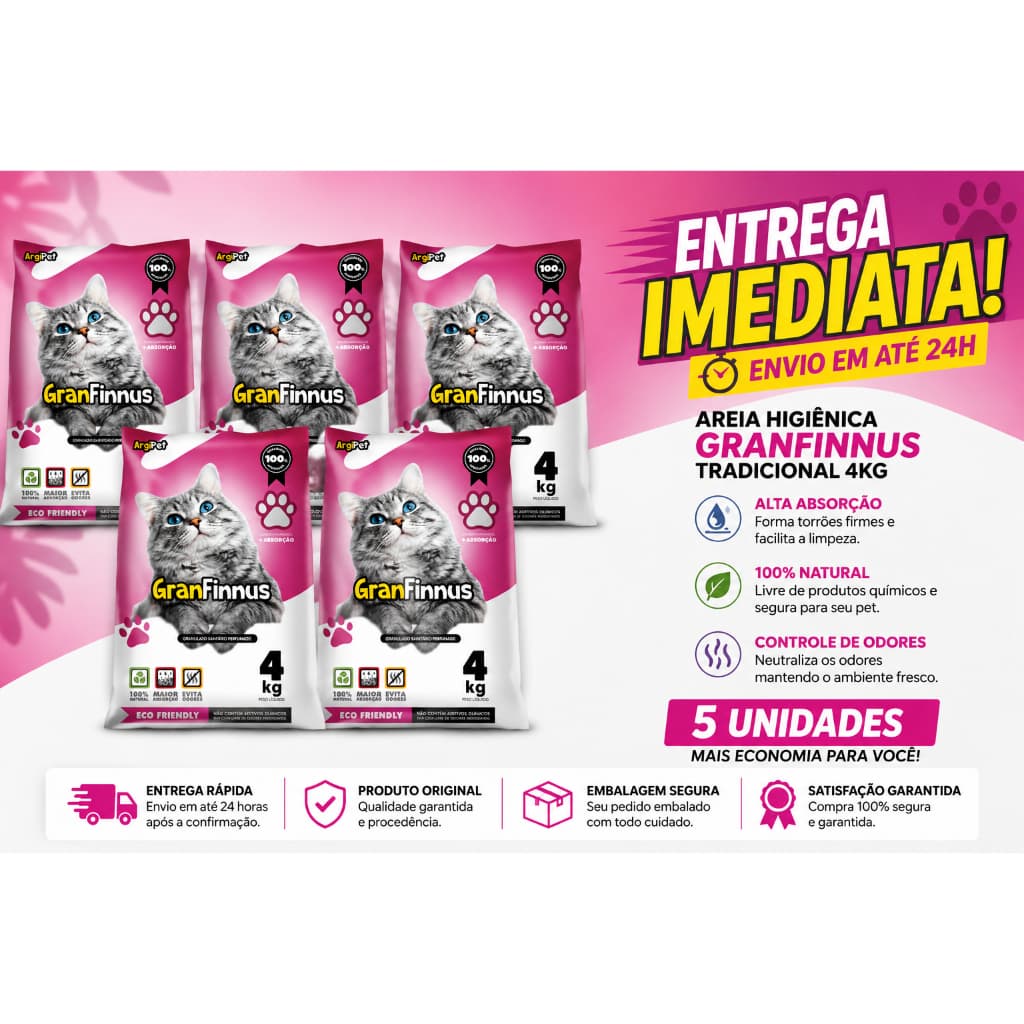 Areia Sanitárias Granfinnus Extra Fina para Gatos  Antiodor Alta Absorção 4kg
