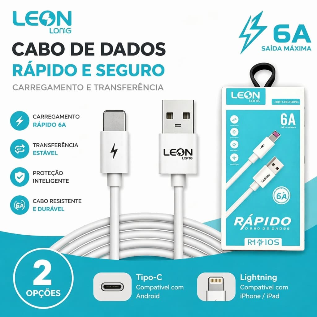 Cabo 6A 1M Tipo C Ou Lightning Carga Rápida Para iPhone Android Celular Tablet Durável