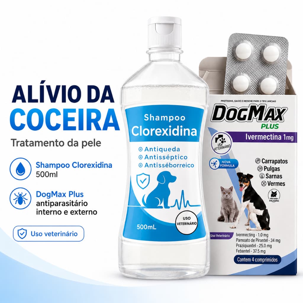 Kit Antiparasitário e Shampoo ClorexPet para Gatos Coceira Dermatite 4 Comp 1 a 7,5kg