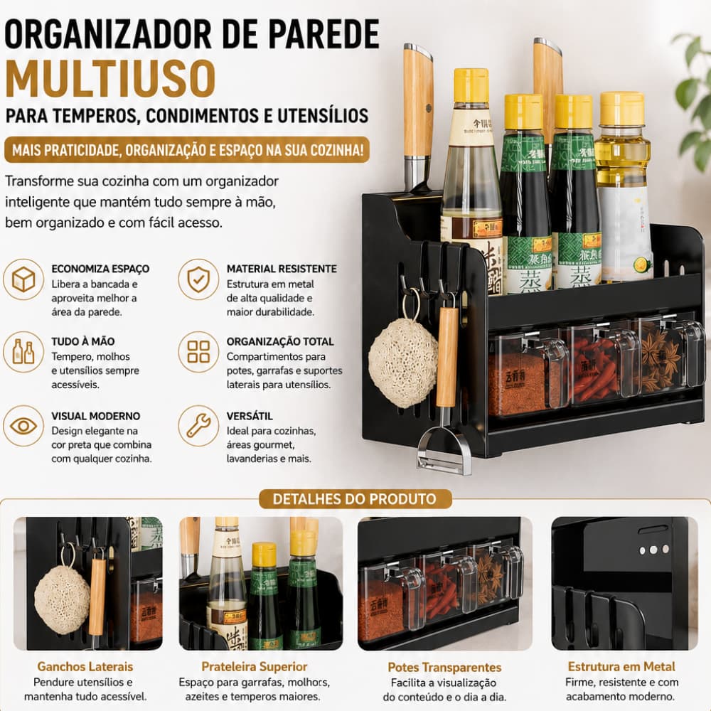 Organizador De Parede Cozinha Multiuso Porta Temperos Condimentos Utensilios Pratico