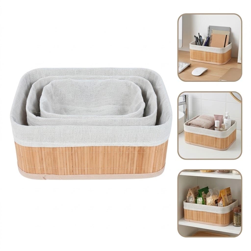 Kit 3 Cestos Organizadores de Bambu Branco Bege Multiuso Banheiro Cozinha Lavabo Cesta Organizadora Premium