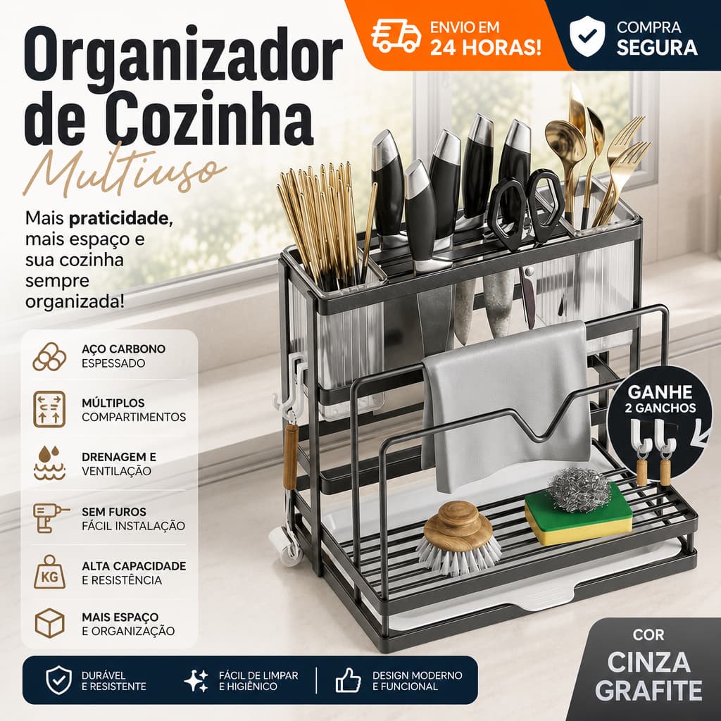 Suporte Porta Facas e Talheres para Bancada Cozinha Organizador Multiuso Aço Inoxidável Antiferrugem