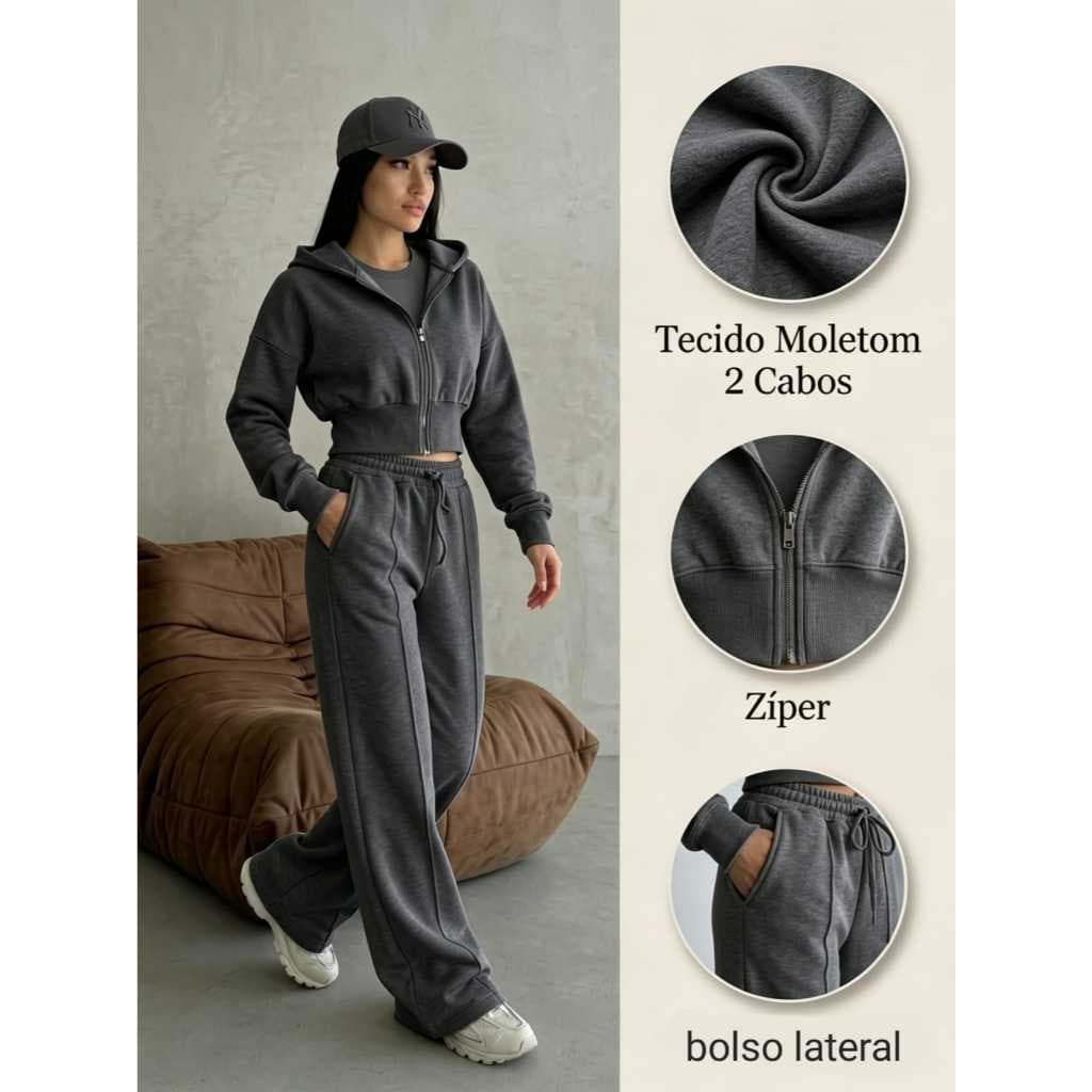 Conjunto moletom feminino com capuz + zíper Calça cargo Moda Top Inverno