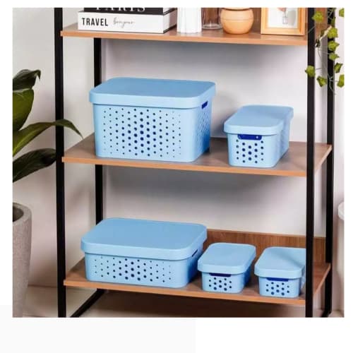 Kit 5 caixa organizadora cesto multiuso organizador c/ tampa azul bebe decoração quarto cozinha sala banheiro lavanderia