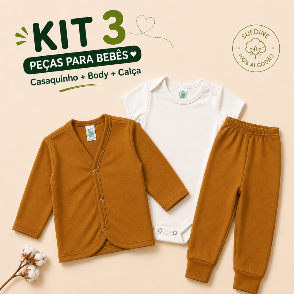 Conjunto Bebê Kit 3 Peças Enxoval | Casaquinho Body Manga Curta Calça Mijão | Suedine 100% Algodão
