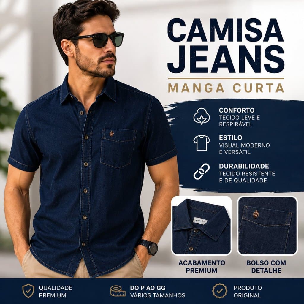 Camisa Jeans Masculina Slim Fit Manga Curta Com Bolso Social Casual Premium Confortável Azul Escuro Elegante