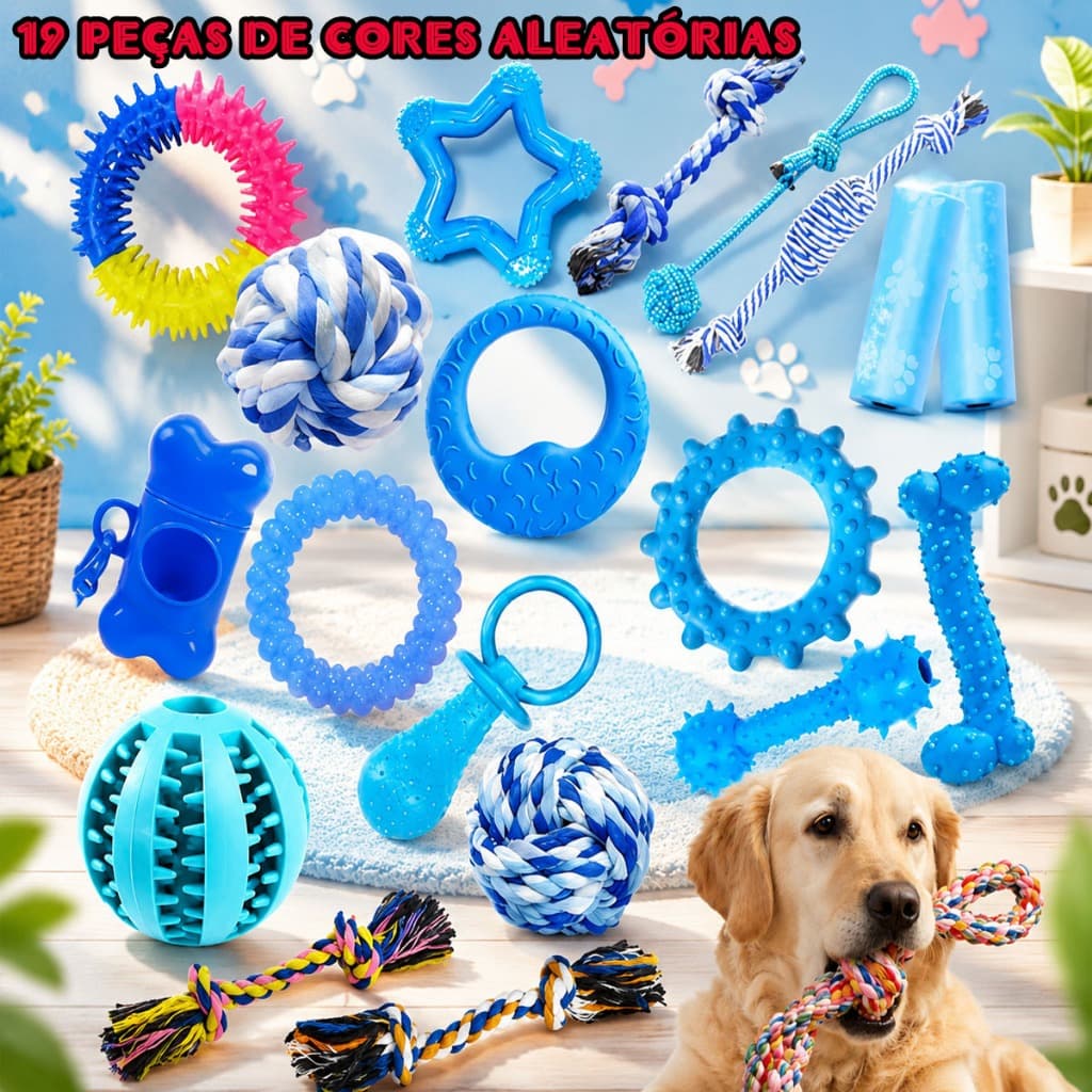 Kit 19 Brinquedos Mordedores para Cachorro, Borracha Resistente, Maciço - Anêmona, Pneu, Bola e Osso