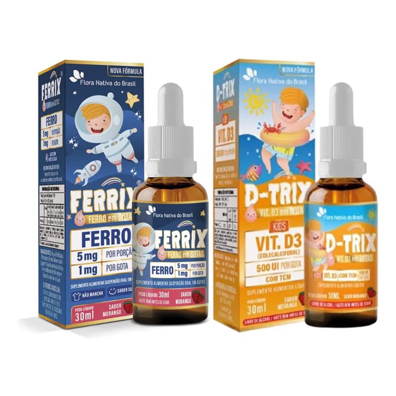 Ferrix Suplemento de Ferro e D-trix Vitamina D3 500 UI/gotas ,3ml - Sabor Morango - Infantil - Flora Nativa