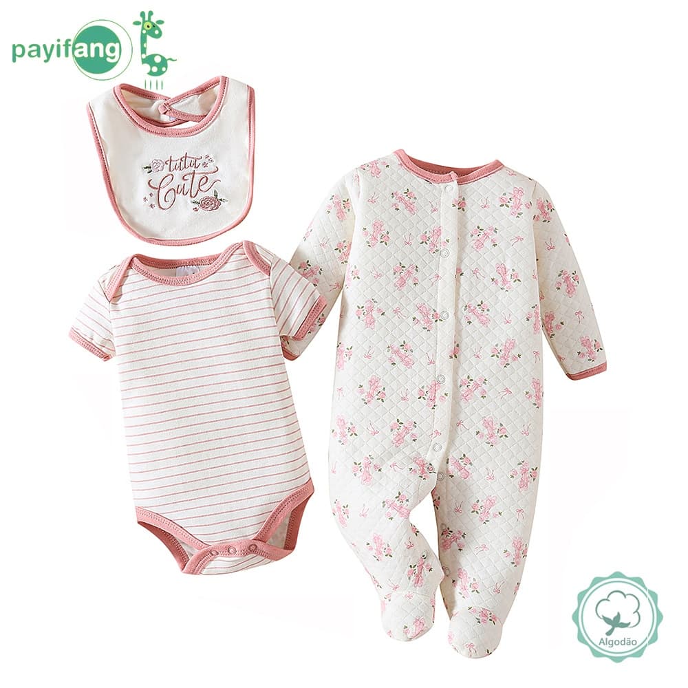 Payifang Kit Enxoval Bebê Menina 0-9 Meses 100% Algodão Floral Listrado Mameluco com Pé Body e Babero