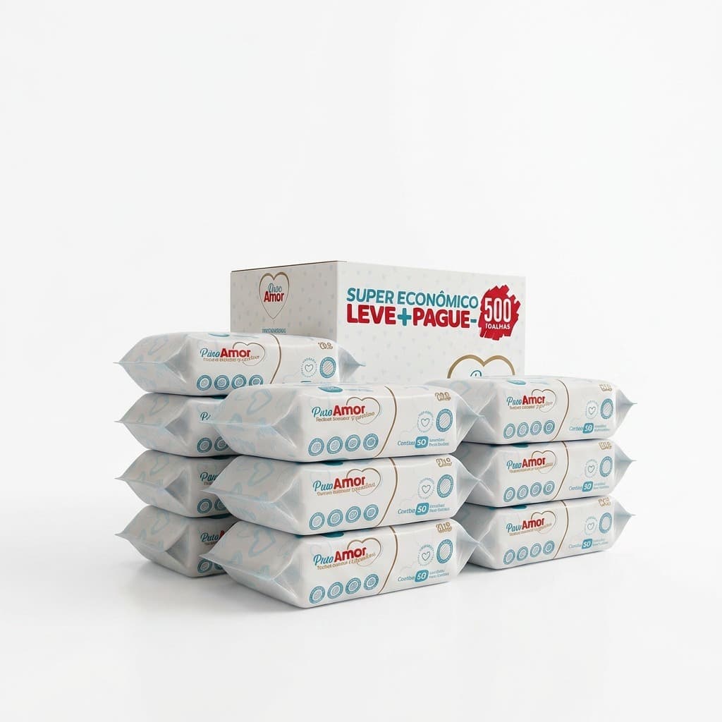 Box Puro Amor Premium com 500 Lenços/Toalhas Umedecidas - Tampa FlipTop