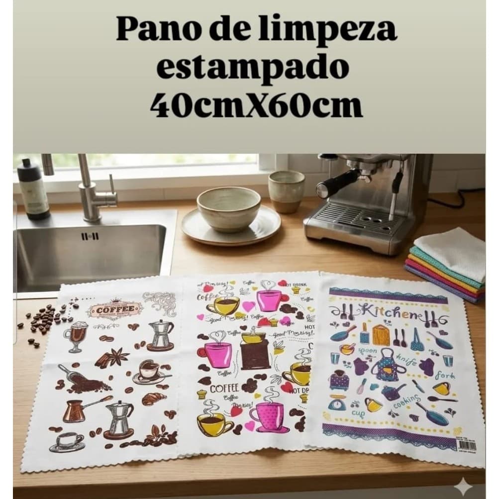 Kit Pano de Limpeza Liso e Estampado 40x60cm Multiuso Microfibra para Cozinha Pia Bancada Limpeza Casa Carros