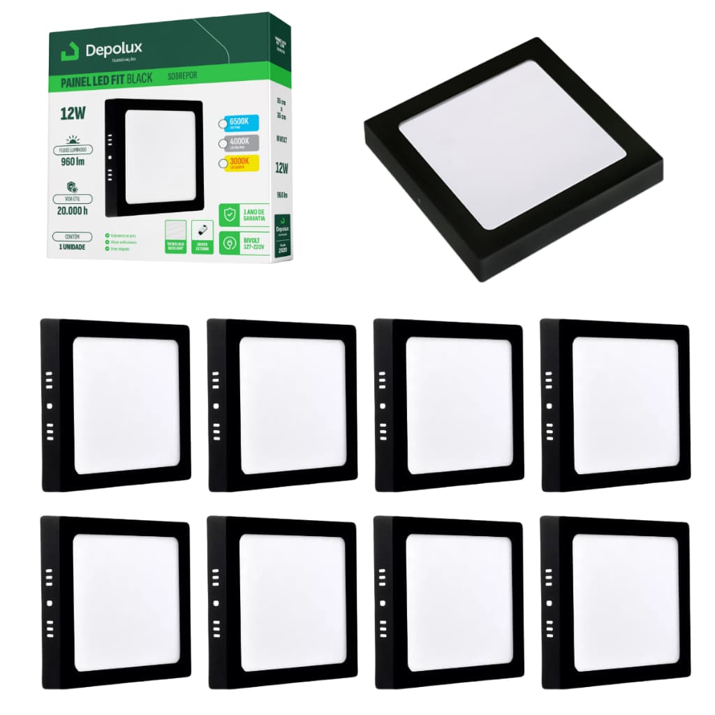 Kit 10 Painel Led Plafon Preto 12w Quadrado Sobrepor Teto Luminária Teto Bivolt 110/220v