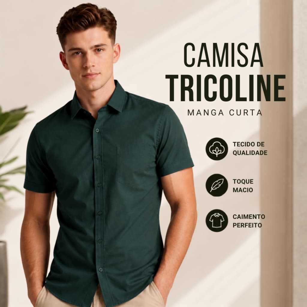 Camisa Social Masculina Manga Curta Tricoline Algodão Slim Lisa Casual