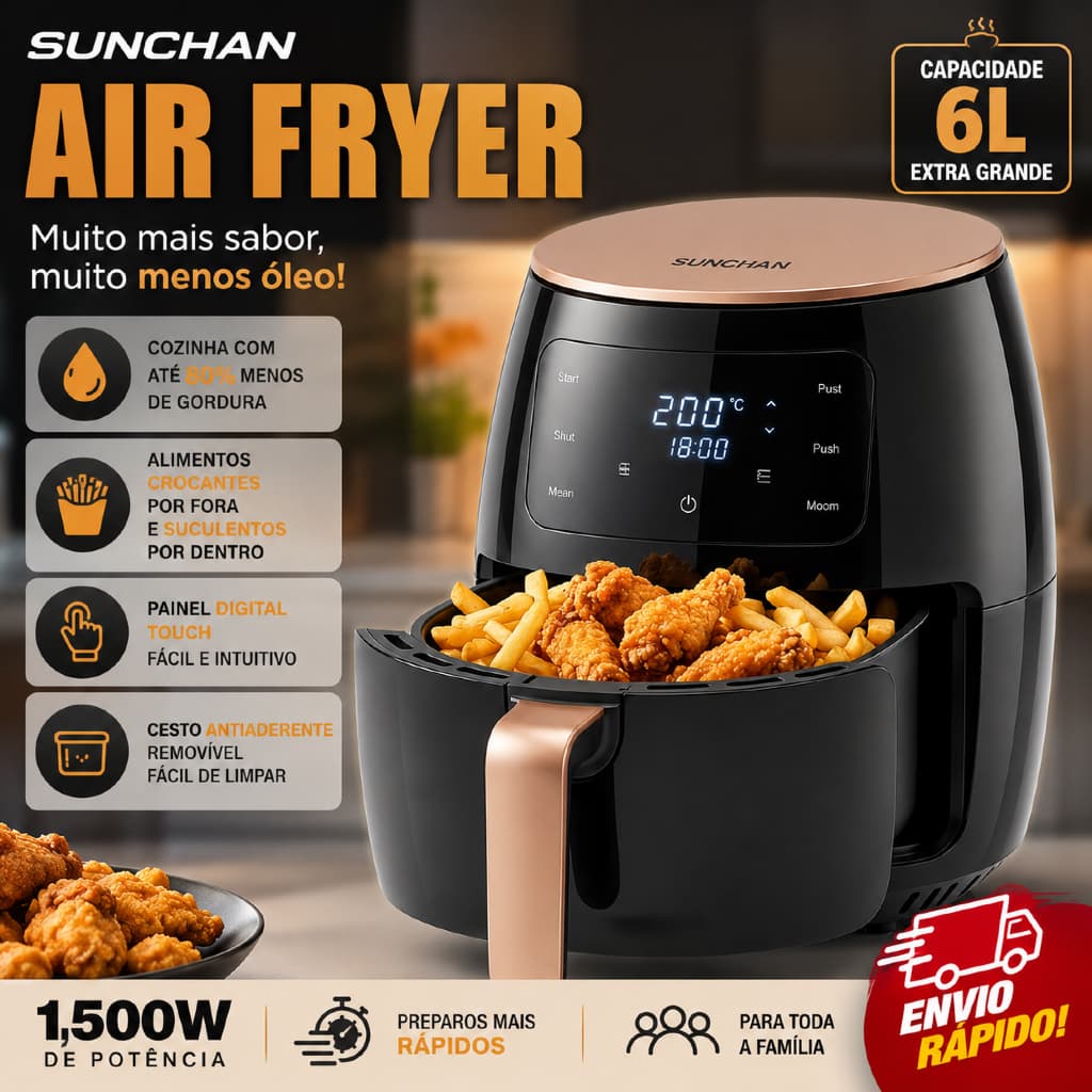 Air Fryer 6L Digital 1500W 110V Fritadeira Sem Óleo Painel Touch Antiaderente SUNCHAN