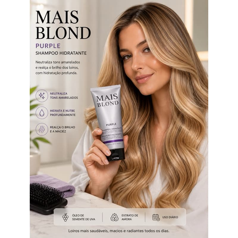 SHAMPOO MATIZADOR HIDRATANTE PURPLE MAIS BLOND 200ml CABELOS LOIROS PLATINADOS RADIANTES/ DESAMARELADOR