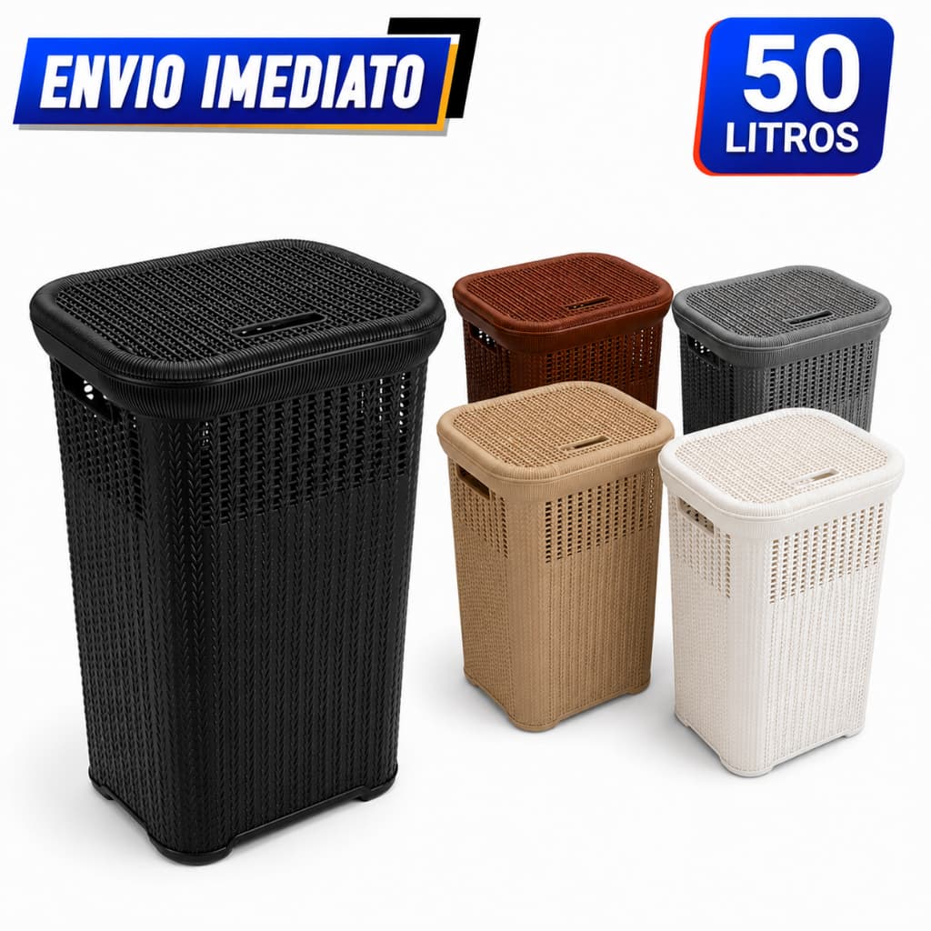 Cesto Rattan 50L com Tampa Organizador de Roupas Lavanderia Banheiro Quarto