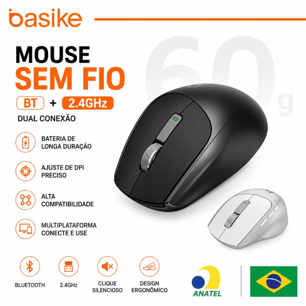 Basike Mouse Sem Fio Bluetooth + 2.4GHz Recarregável USB-C 1600 DPI Ergonômico Compatível PC Notebook Tablet