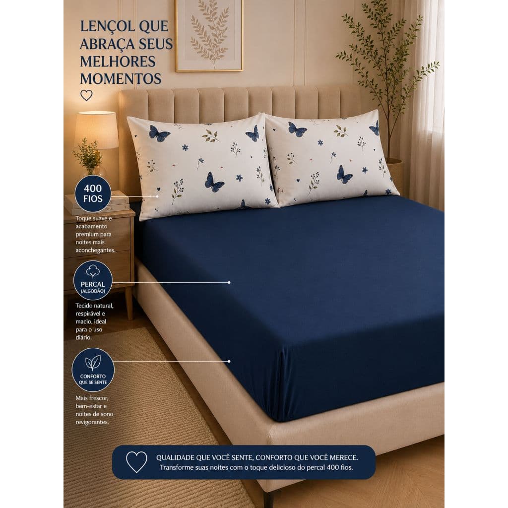 Jogo de Lençol 400 Fios Percal Estampado Floral com Elástico + Fronhas - Solteiro Casal Queen King Várias Cores Borletas