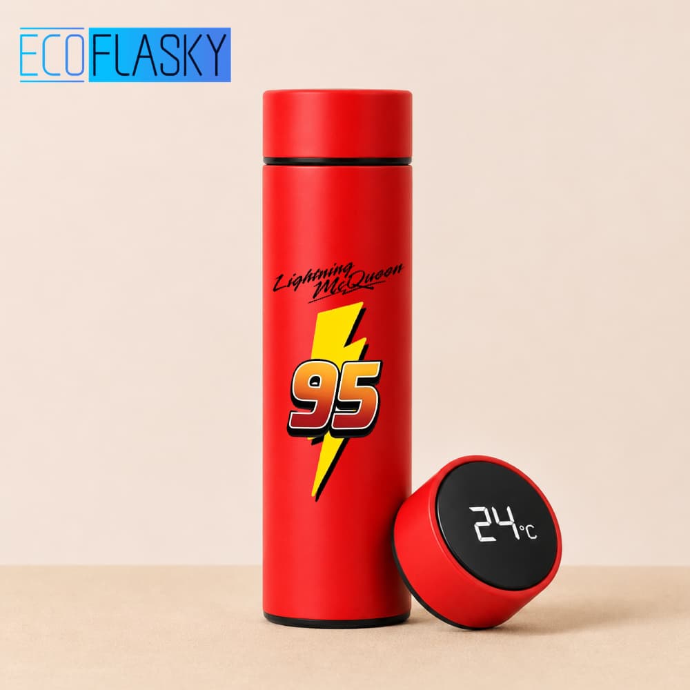 Garrafa Térmica de Água  Aço Inoxidável Disney Pixar Lightning McQueen Termometro LED Digital 500ml