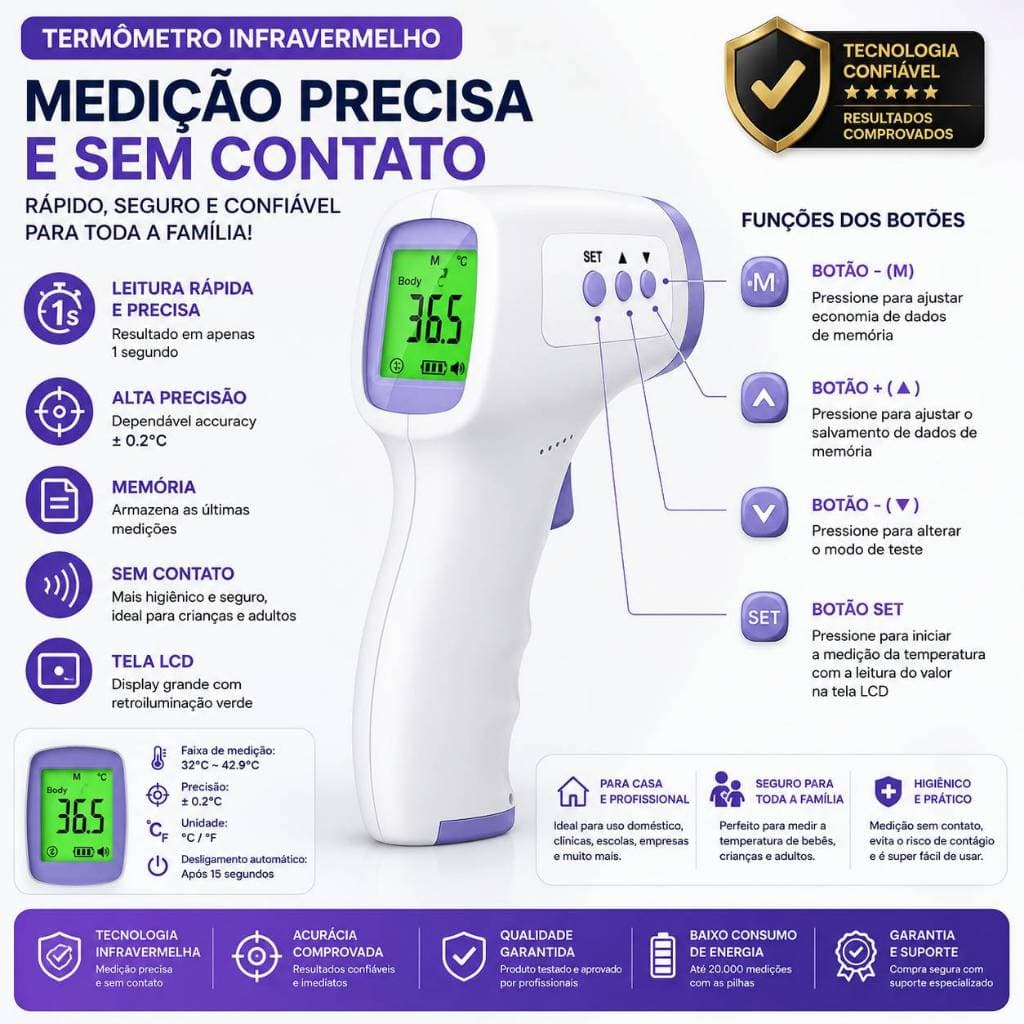 Termômetro Infravermelho Digital Medidor de Temperatura Corporal Sem Contato LCD Bebê Adulto