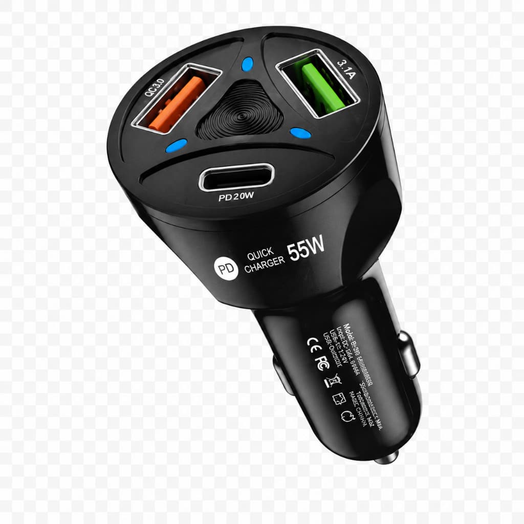Carregador Veicular Turbo 55W PD USB-C + USB QC 3.0 + USB 3.1A Carga Rápida