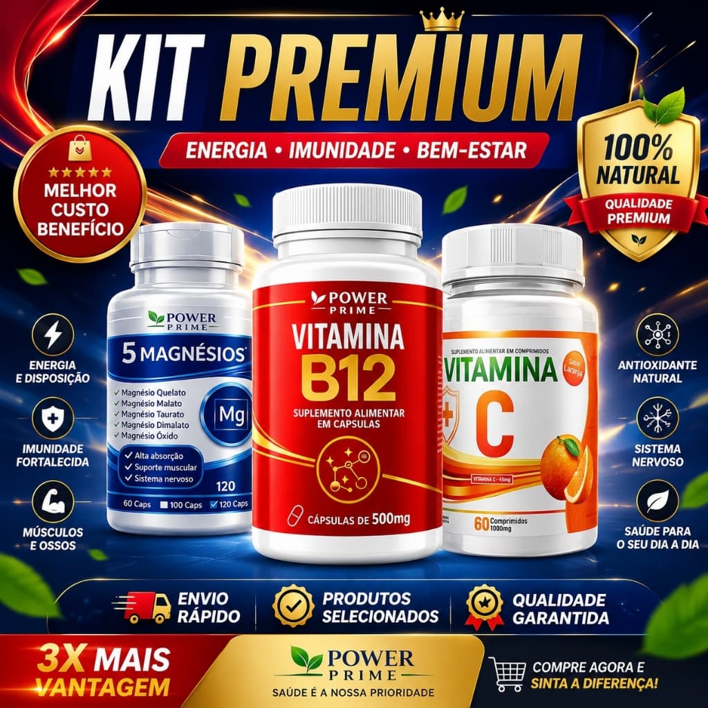 Kit 5 Magnésios + Vitamina B12 + Vitamina C  3 Suplementos Alimentares  Power Prime