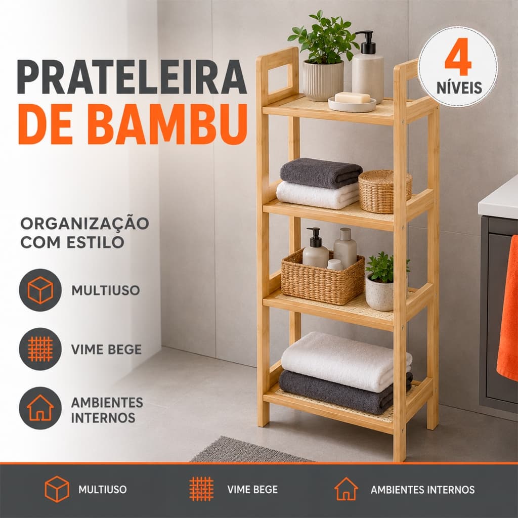 Prateleira Organizadora 4 Níveis De Bambu Estante Multiuso Para Quarto, Sala, Cozinha e Banheiro
