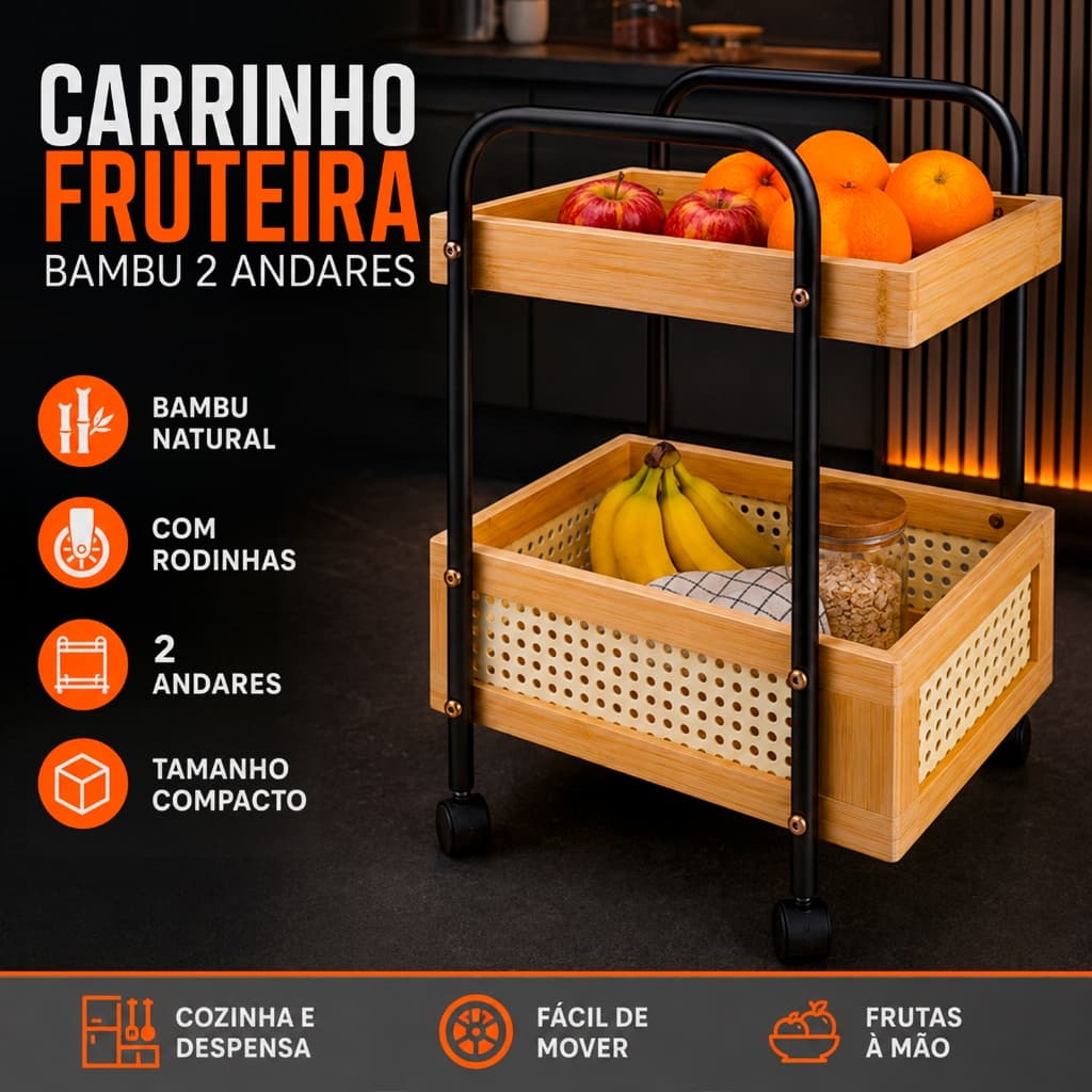 Carrinho Organizador 2 Andares em Bambu e Aço Com Rodinhas Multiuso para Casa, Cozinha, Lavanderia Escritório, Salão