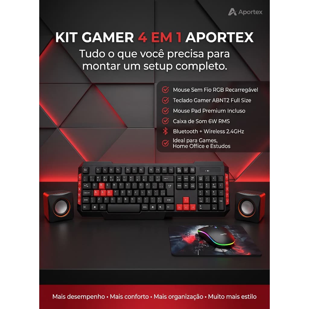 Kit Gamer 4 em 1 Aportex Teclado Gamer ABNT2 Mouse Sem Fio Recarregável Mouse Pad Caixa de Som 6W