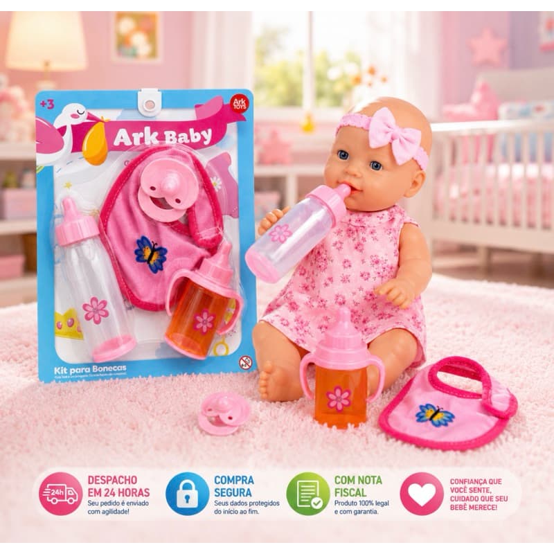 Boneca Bebê 34cm com Kit Mamadeira Chupeta Babador e Copinho Brinquedo Menina +3 Anos