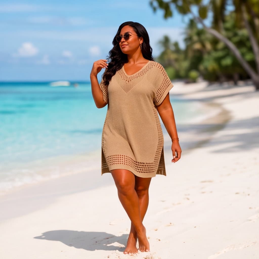 Saída de Praia Plus Size Feminina em Tricô Vazado Decote V Manga Curta Moda Verão Premium