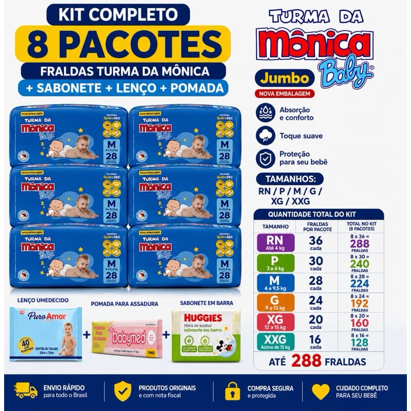 Kit 8 Pacotes Fraldas Turma da Mônica+ Sabonete Huggies pomada lenco  | Tripla Proteção