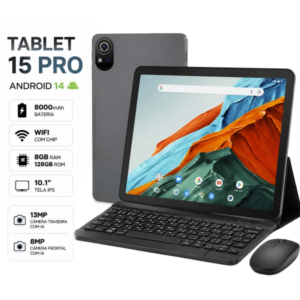 Tablet 15 PRO Android 14 8000mah Wifi com chip 10.1 , Teclado+Mouse 8GB RAM 128GB Câmera Bluetooth REAL