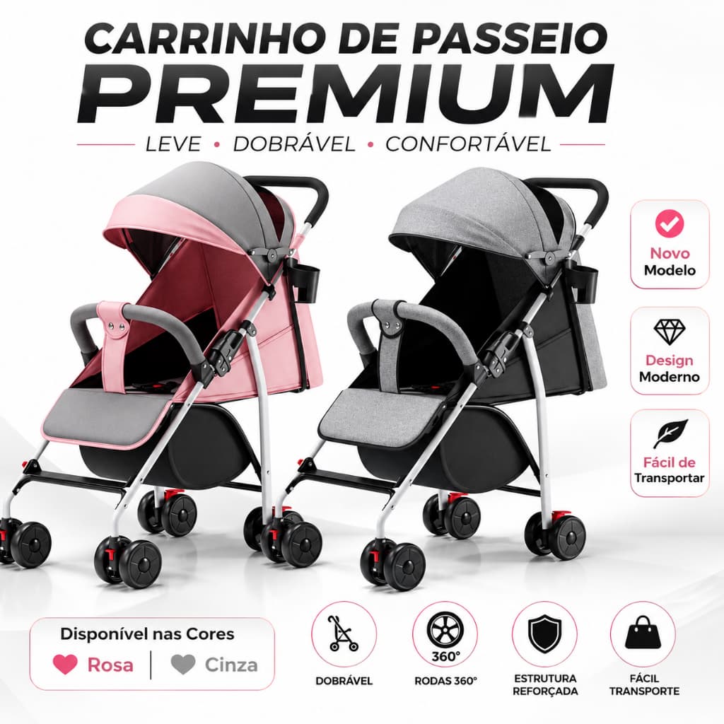 Carrinho de Bebê Dobrável Compacto Reclinável com Capota Retrátil Porta-Copos Rodas 360°