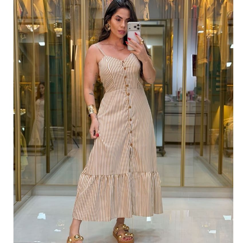 vestido alcinha listrado mídi longo