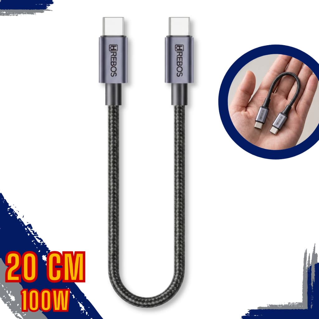 Cabo Curto Tipo C x Tipo-C Turbo de 20cm de 100W Pequeno Power Bank Carregador Rápido Celular Nylon
