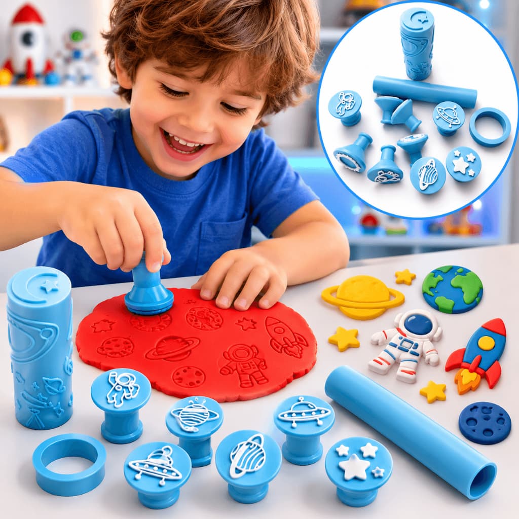 Brinquedo Kit Carimbos para Massinhas Tema Espaço + Rolo Texturizado e Cortador | Brinquedo Educativo Infantil